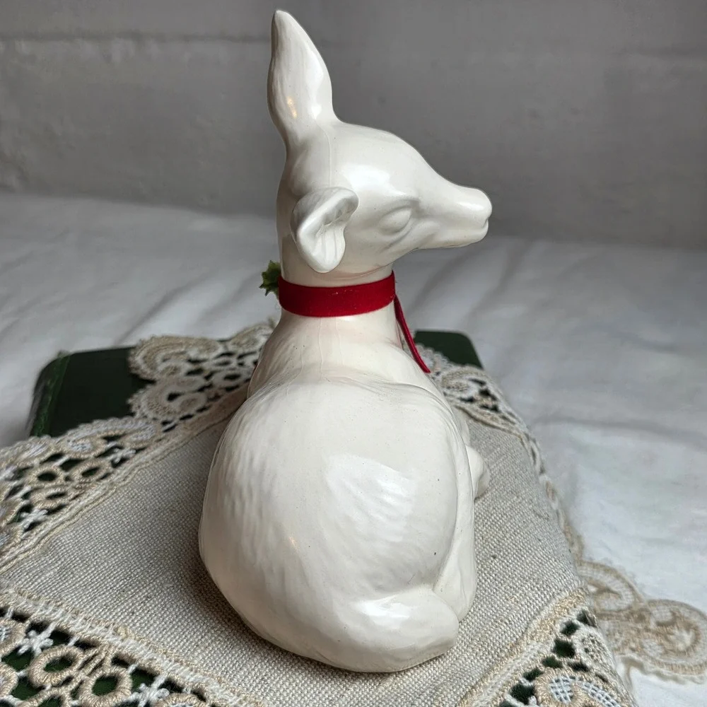 Vintage Enesco White Glossy Ceramic Deer Christmas Figurine